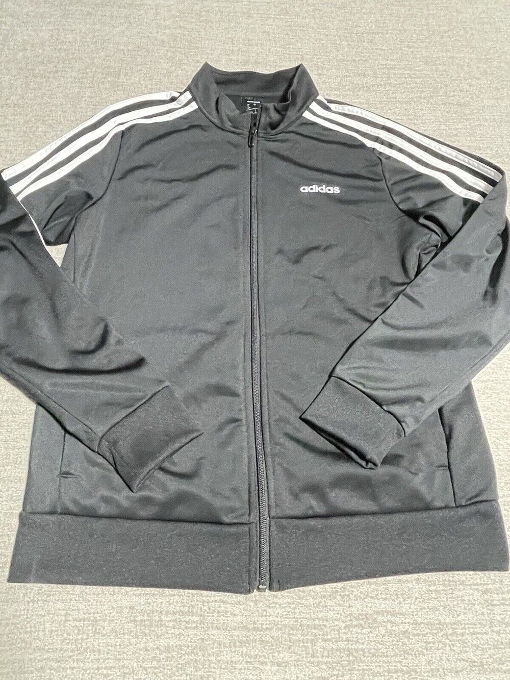 Adidas Jacket Men’s Large Black Long Sleeve Track Jacket Stripes Logo Full Zip